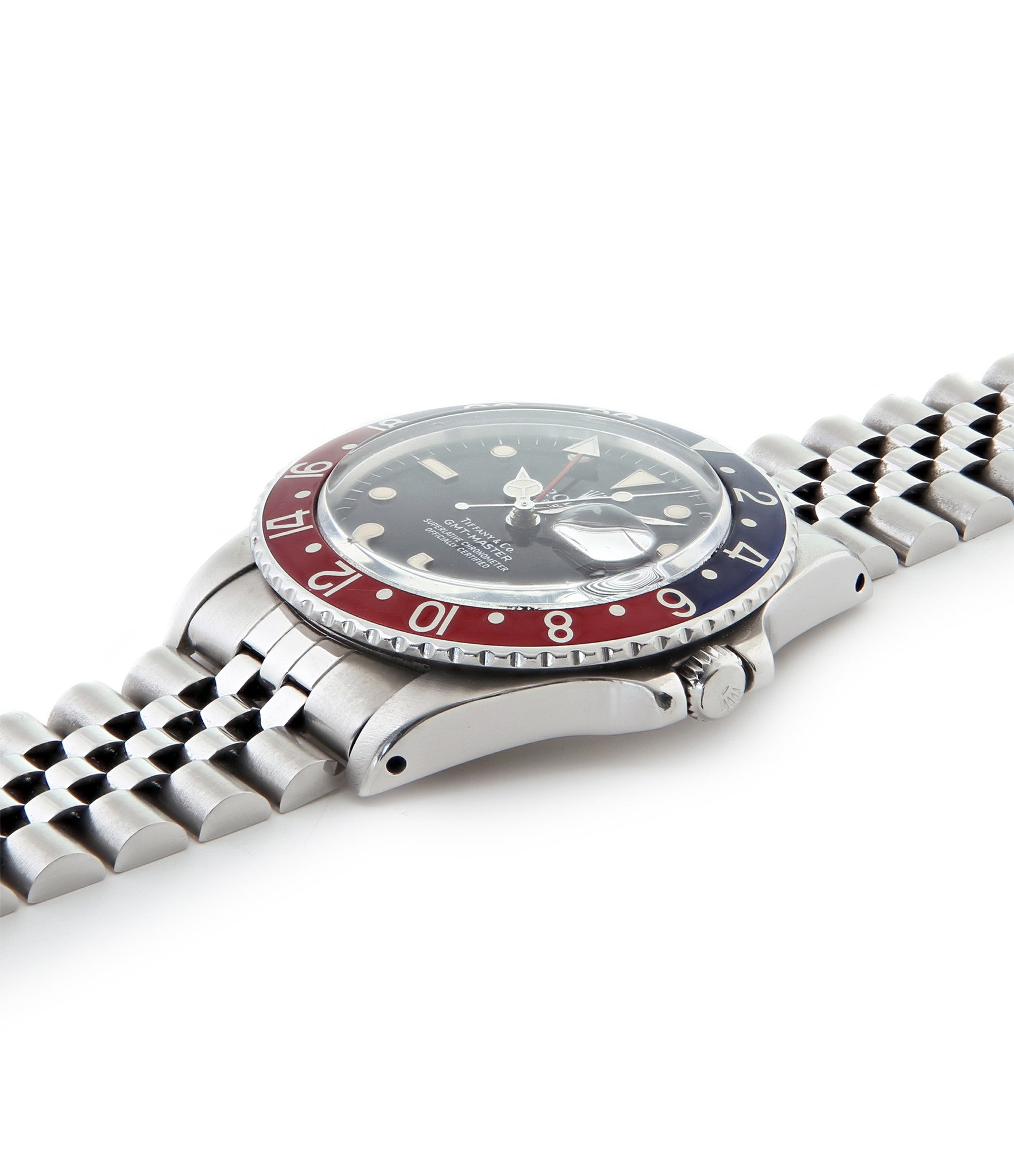 buy Rolex GMT Master with Tiffany dial 16750 stainless steel automatic Cal. 3075 vintage authentic pre-owned dress, sport luxury watch from 1984 with black dial and stainless steel Rolex bracelet with date, chronometer, gmt, hours, minutes, center seconds
