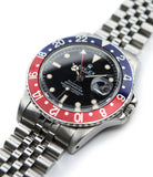 buy Rolex GMT Master with Tiffany dial 16750 stainless steel automatic Cal. 3075 vintage authentic pre-owned dress, sport luxury watch from 1984 with black dial and stainless steel Rolex bracelet with date, chronometer, gmt, hours, minutes, center seconds