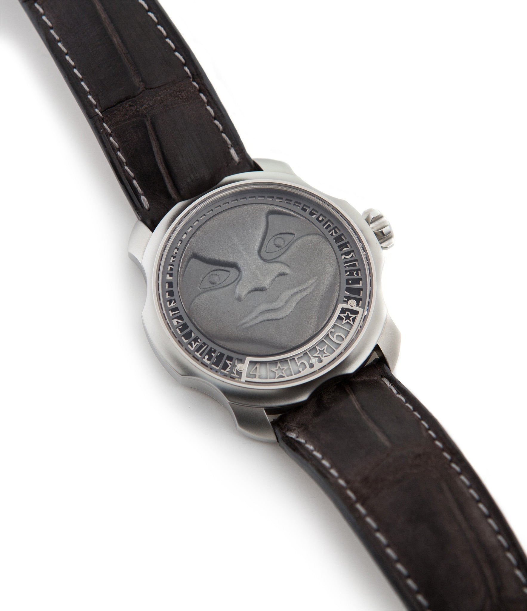 buy Sarpaneva Korona Moonshine Pièces Uniques stainless steel automatic Soprod A10 authentic pre-owned dress, rare luxury watch with silver moonface dial and taupe alligator strap with moonphase, hours, minutes for sale online at WATCH XCHANGE London