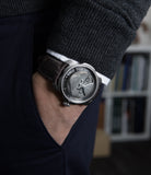buy Sarpaneva Korona Moonshine Pièces Uniques stainless steel automatic Soprod A10 authentic pre-owned dress, rare luxury watch with silver moonface dial and taupe alligator strap with moonphase, hours, minutes for sale online at WATCH XCHANGE London