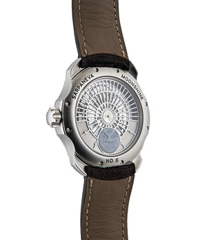 buy Sarpaneva Korona Moonshine Pièces Uniques stainless steel automatic Soprod A10 authentic pre-owned dress, rare luxury watch with silver moonface dial and taupe alligator strap with moonphase, hours, minutes for sale online at WATCH XCHANGE London