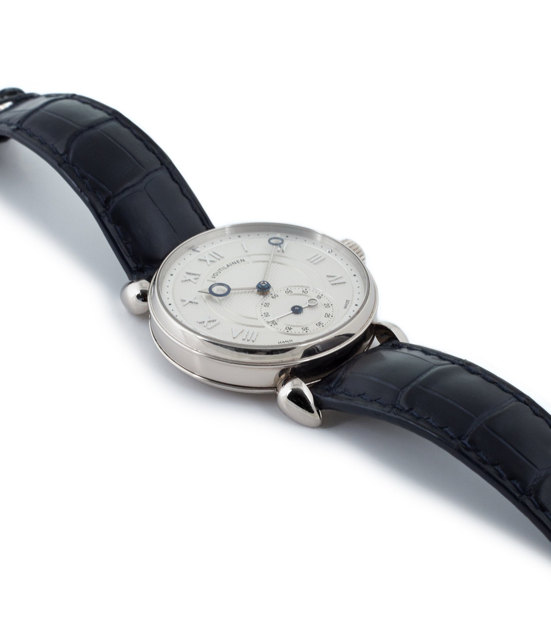 buy Voutilainen Observatorie rare hand-made time-only white gold watch from independent watchmaker online for sale WATCH XCHANGE London with box and papers and blue hands and guilloche dial