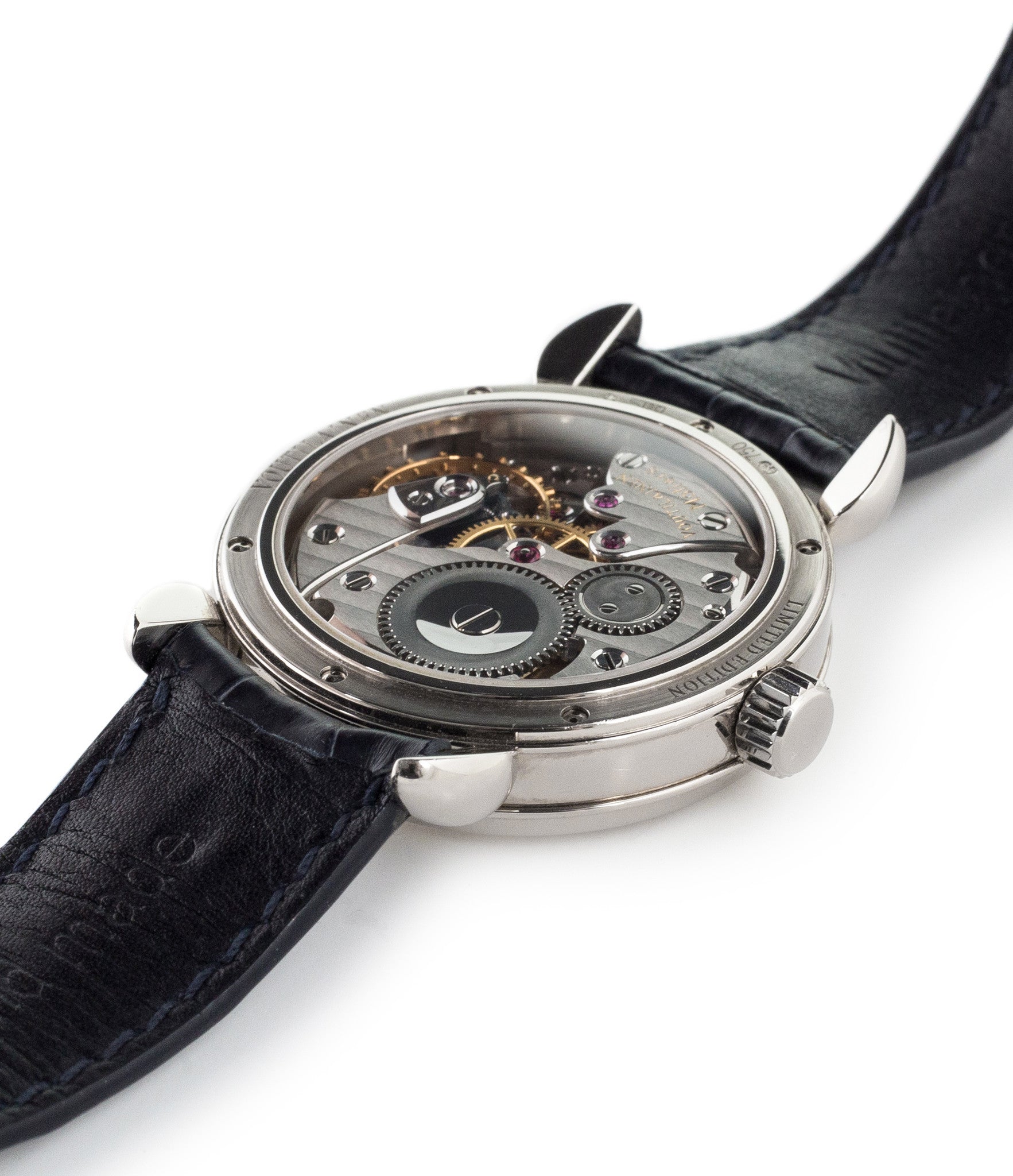 buy Voutilainen Observatorie rare hand-made time-only white gold watch from independent watchmaker online for sale WATCH XCHANGE London with box and papers and blue hands and guilloche dial