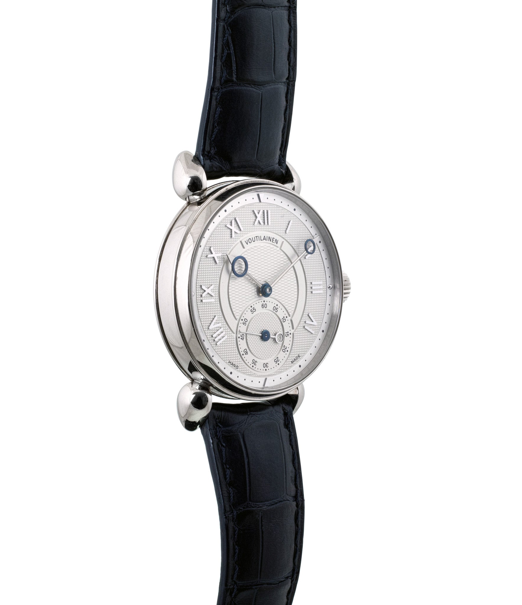 buy Kari Voutilainen Observatorie rare hand-made time-only white gold watch from independent watchmaker online for sale WATCH XCHANGE London with box and papers and blue hands and guilloche dial