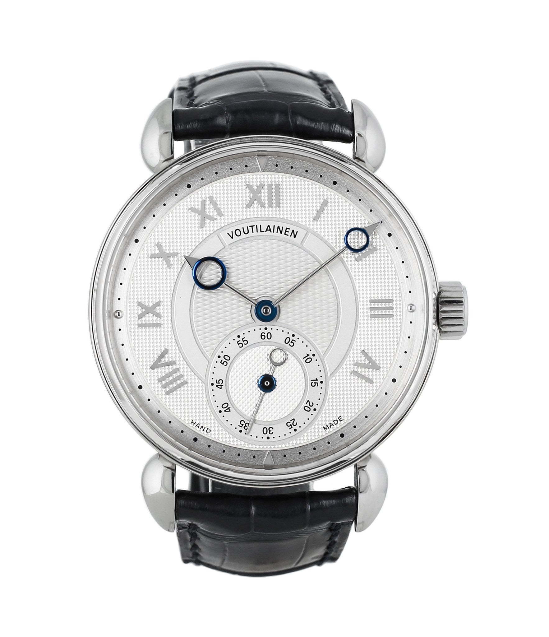 buy Voutilainen Observatorie rare hand-made time-only white gold watch from independent watchmaker online for sale WATCH XCHANGE London with box and papers and blue hands and guilloche dial