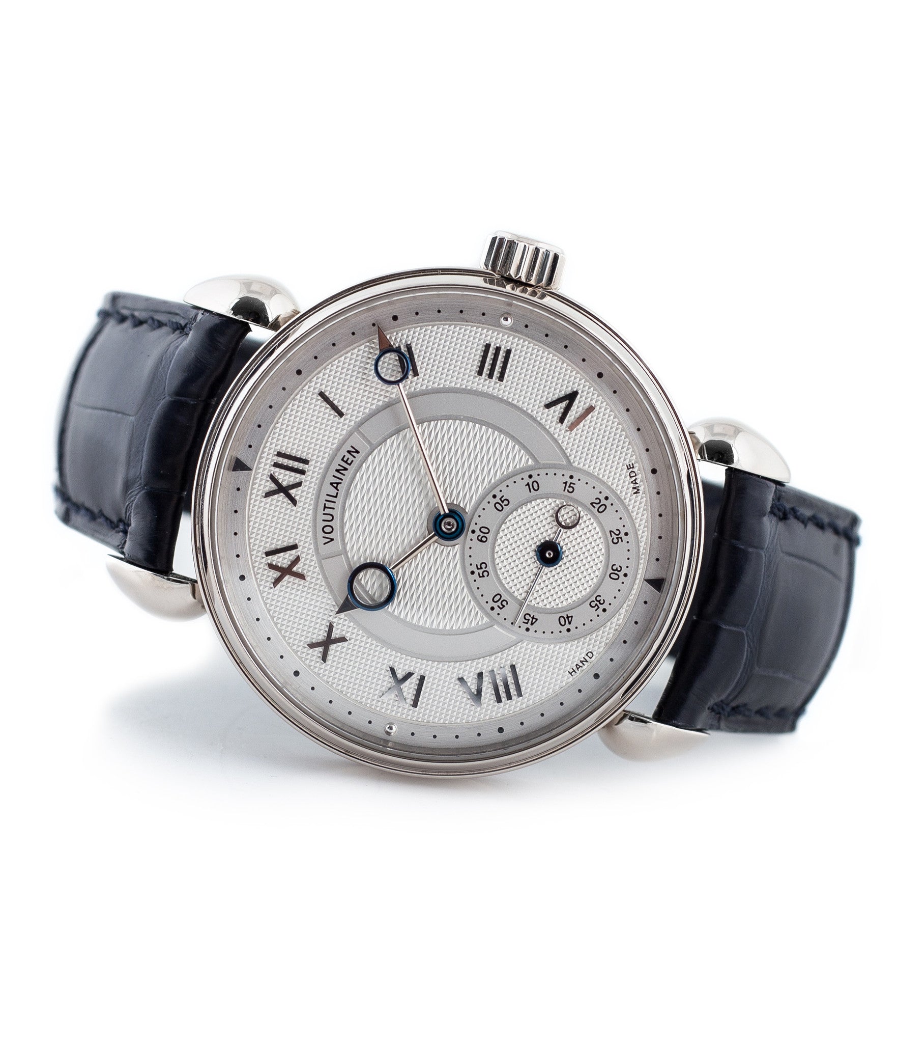 buy Voutilainen Observatorie rare hand-made time-only white gold watch from independent watchmaker online for sale WATCH XCHANGE London with box and papers and blue hands and guilloche dial