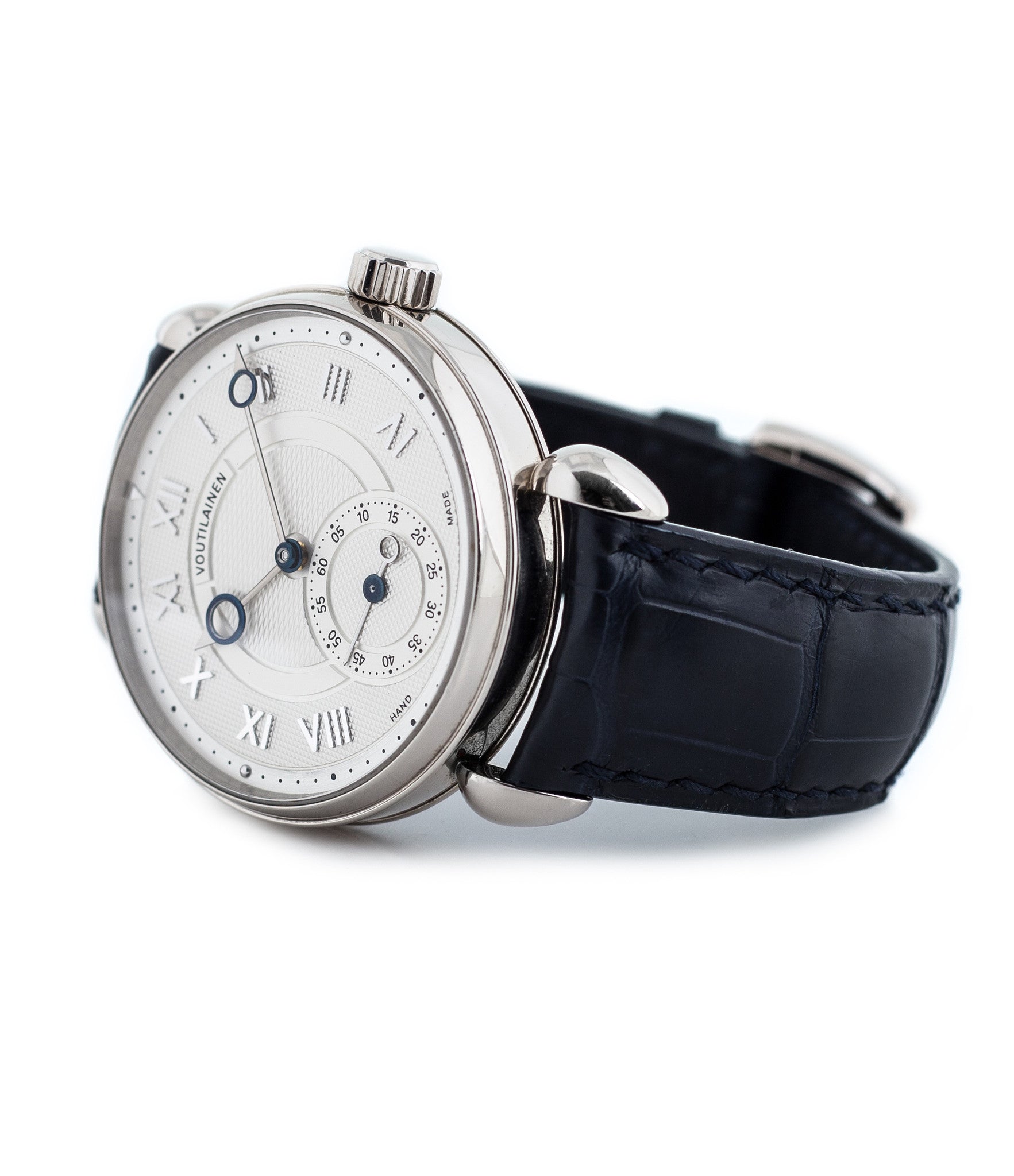 buy Voutilainen Observatorie rare hand-made time-only white gold watch from independent watchmaker online for sale WATCH XCHANGE London with box and papers and blue hands and guilloche dial