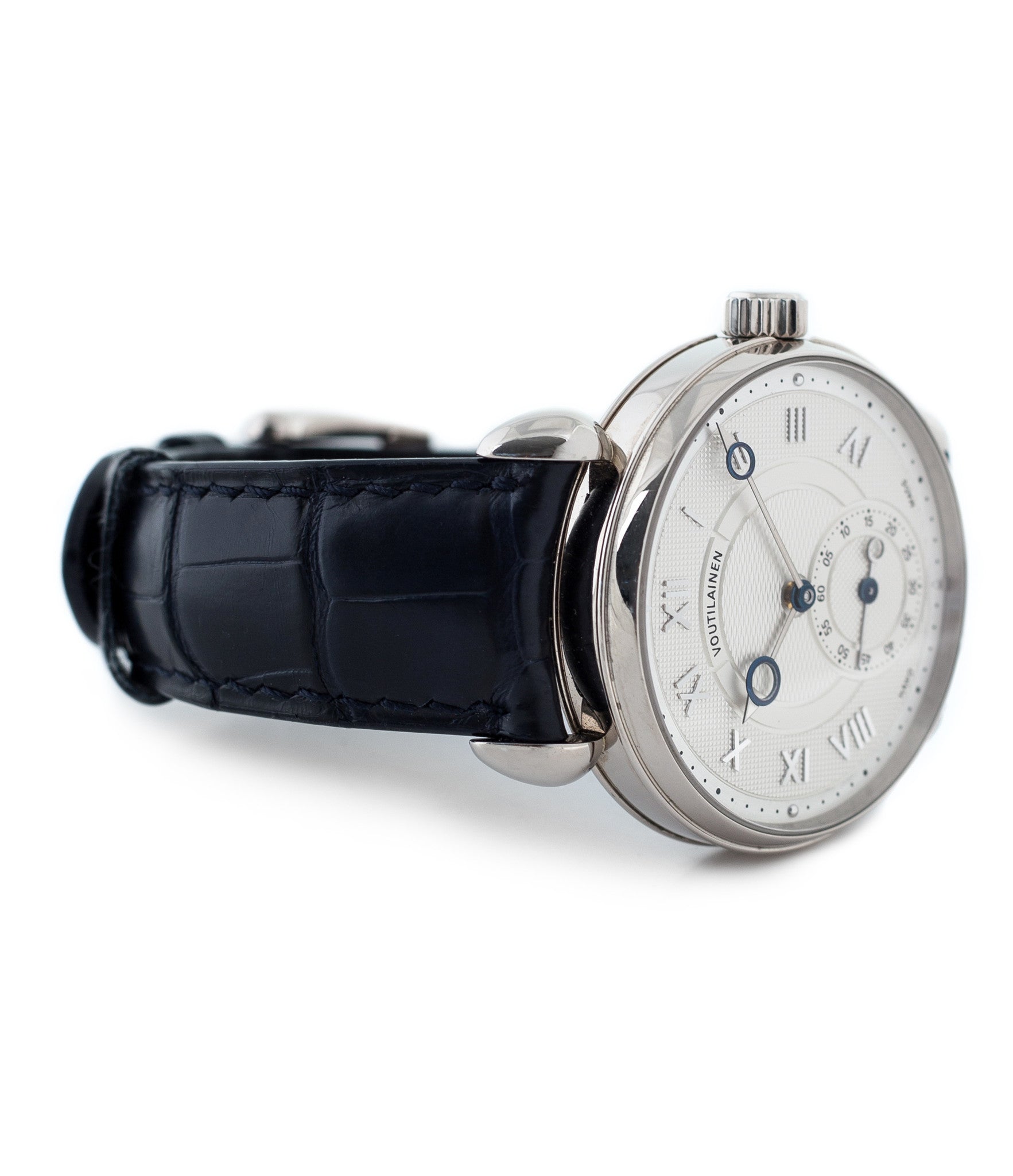 buy Voutilainen Observatorie rare hand-made time-only white gold watch from independent watchmaker online for sale WATCH XCHANGE London with box and papers and blue hands and guilloche dial