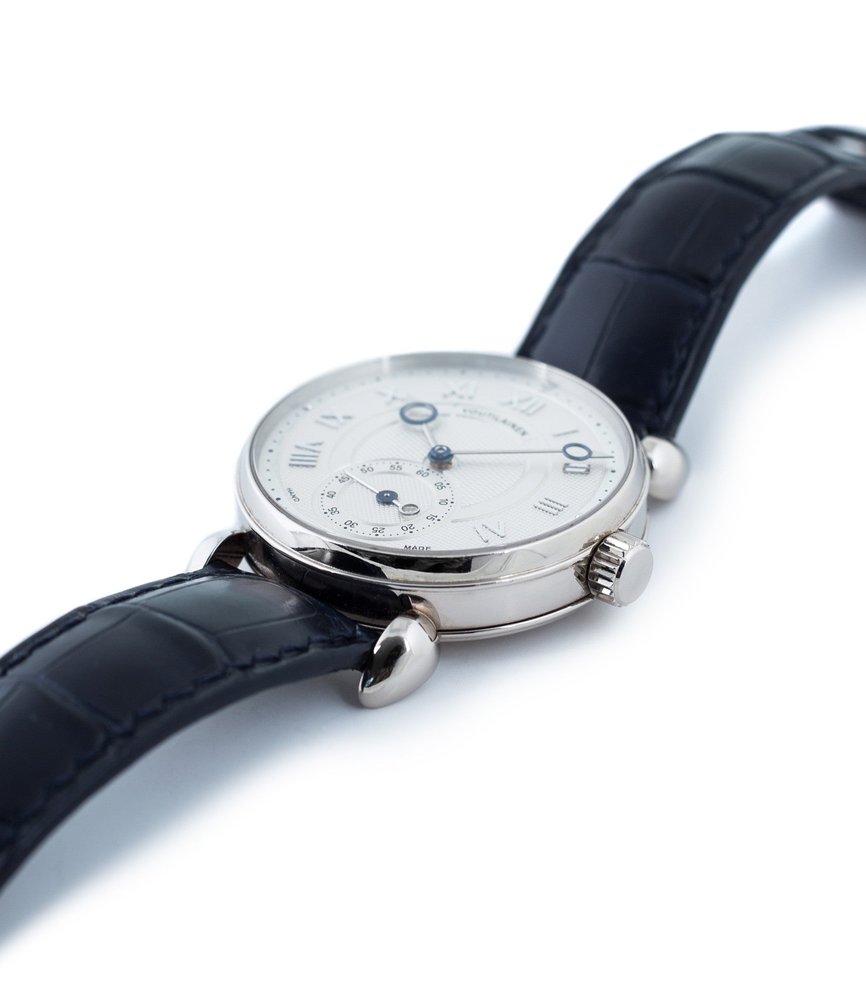 buy Voutilainen Observatorie rare hand-made time-only white gold watch from independent watchmaker online for sale WATCH XCHANGE London with box and papers and blue hands and guilloche dial