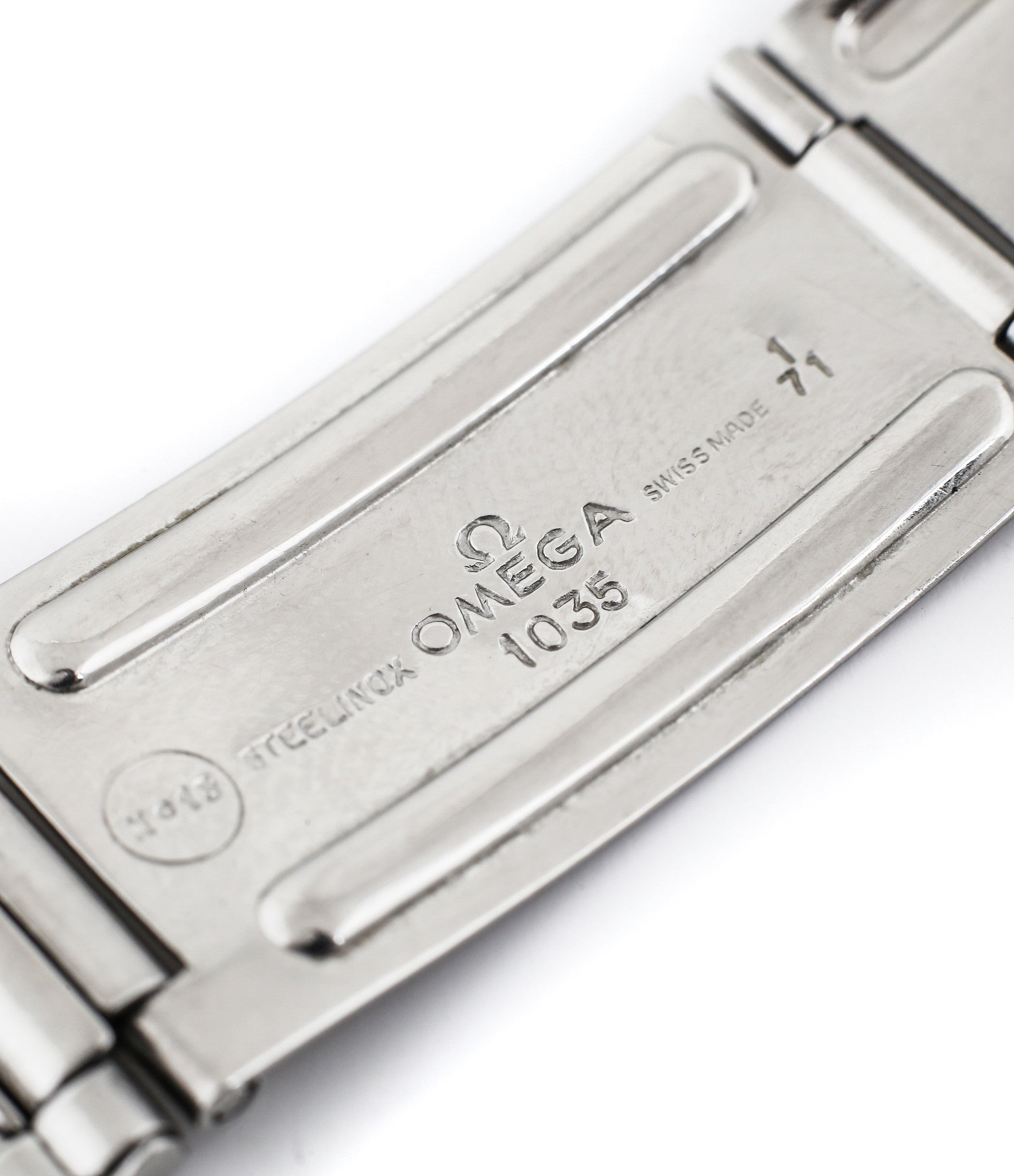 Omega 1035 flat link bracelet on Omega Cal. 321 column-wheel manual-winding chronograph movement buy vintage Omega Speedmaster Pre-Professional Ed White ST 105.003-65 steel watch with archive extracts for sale at WATCH XCHANGE London