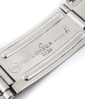 Omega 1035 flat link bracelet on Omega Cal. 321 column-wheel manual-winding chronograph movement buy vintage Omega Speedmaster Pre-Professional Ed White ST 105.003-65 steel watch with archive extracts for sale at WATCH XCHANGE London