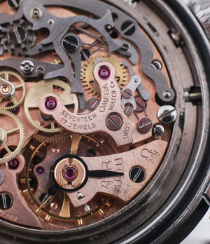Omega Cal. 321 column-wheel manual-winding chronograph movement buy vintage Omega Speedmaster Pre-Professional Ed White ST 105.003-65 steel watch with archive extracts for sale at WATCH XCHANGE London