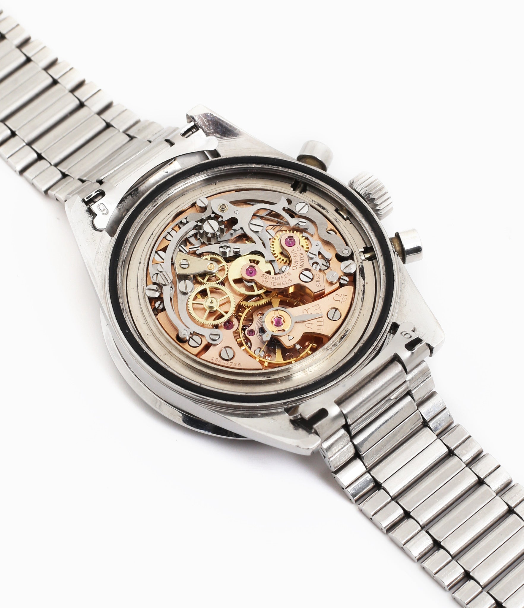 Omega Cal. 321 column-wheel manual-winding chronograph movement buy vintage Omega Speedmaster Pre-Professional Ed White ST 105.003-65 steel watch with archive extracts for sale at WATCH XCHANGE London