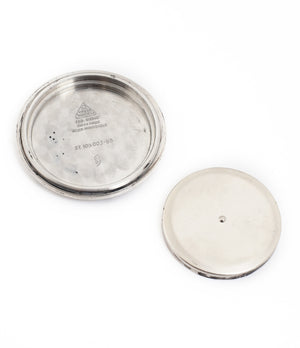 inner caseback Omega Cal. 321 column-wheel manual-winding chronograph movement buy vintage Omega Speedmaster Pre-Professional Ed White ST 105.003-65 steel watch with archive extracts for sale at WATCH XCHANGE London