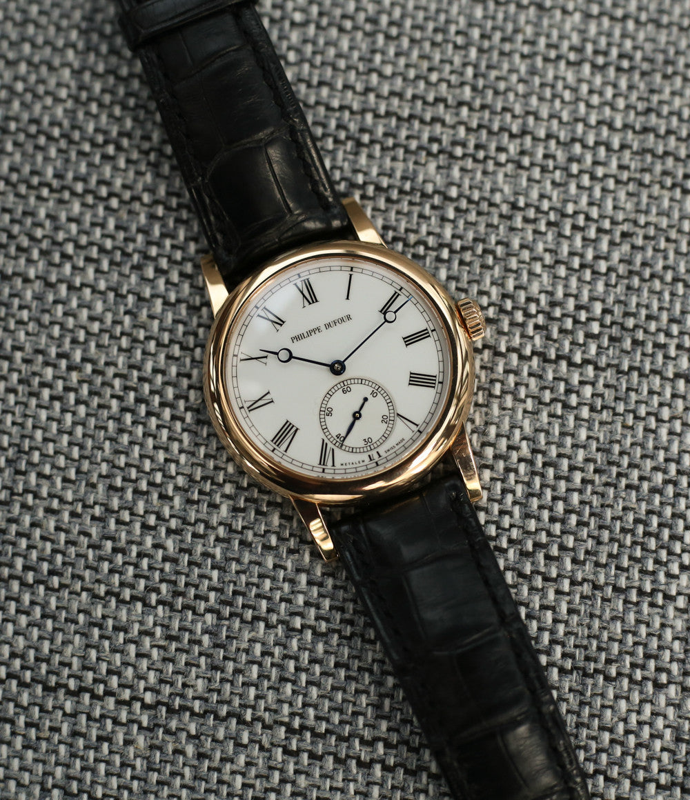 Philippe Dufour Simplicity for sale rose gold 37 mm rare watch white lacquer dial Roman numerals from independent watchmaker for sale at approved re-seller of Philippe Dufour A Collected Man 