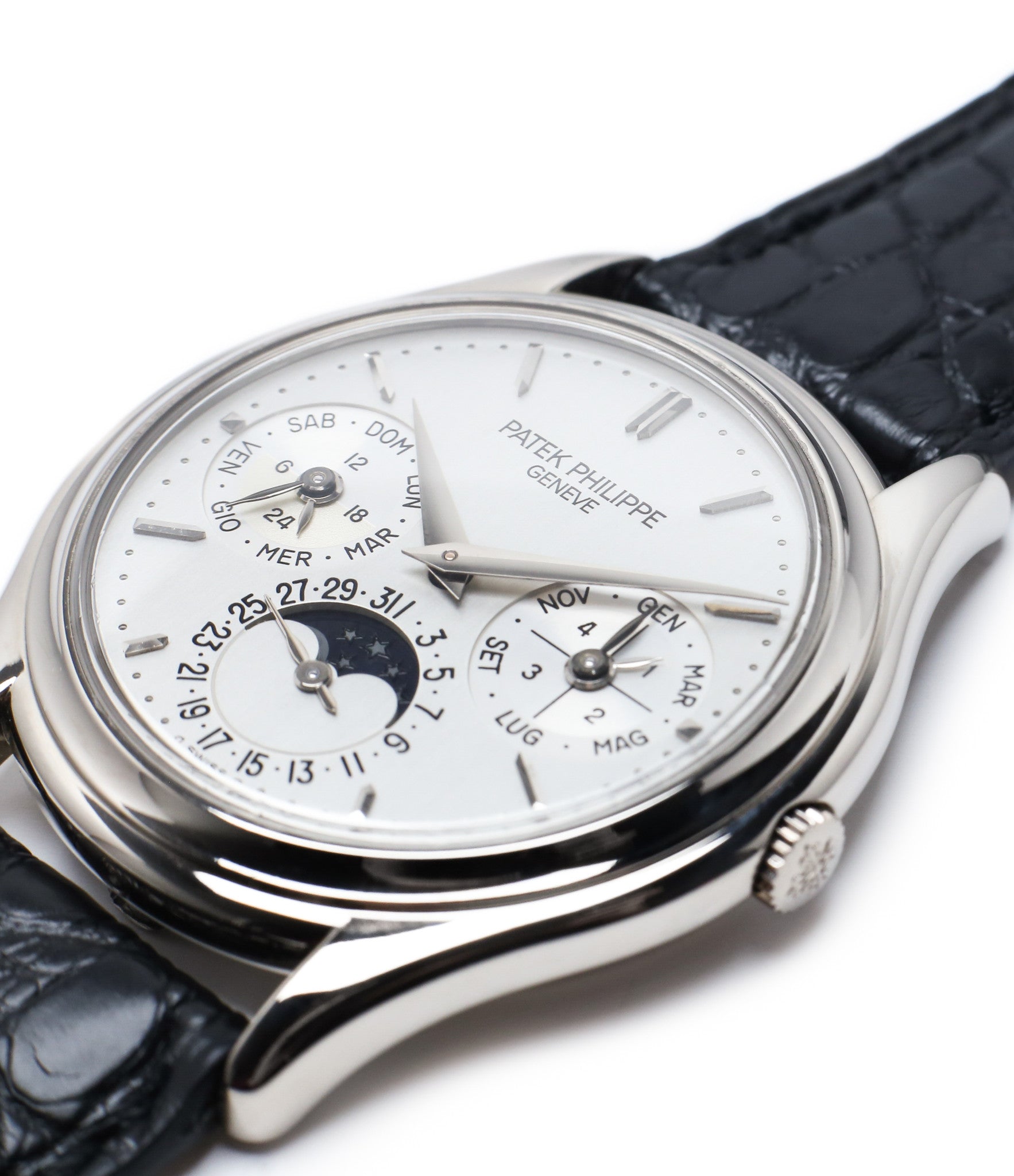 slim case buy rare Patek Philippe Perpetual Calendar 3940G moonphase white gold watch full set at A Collected Man