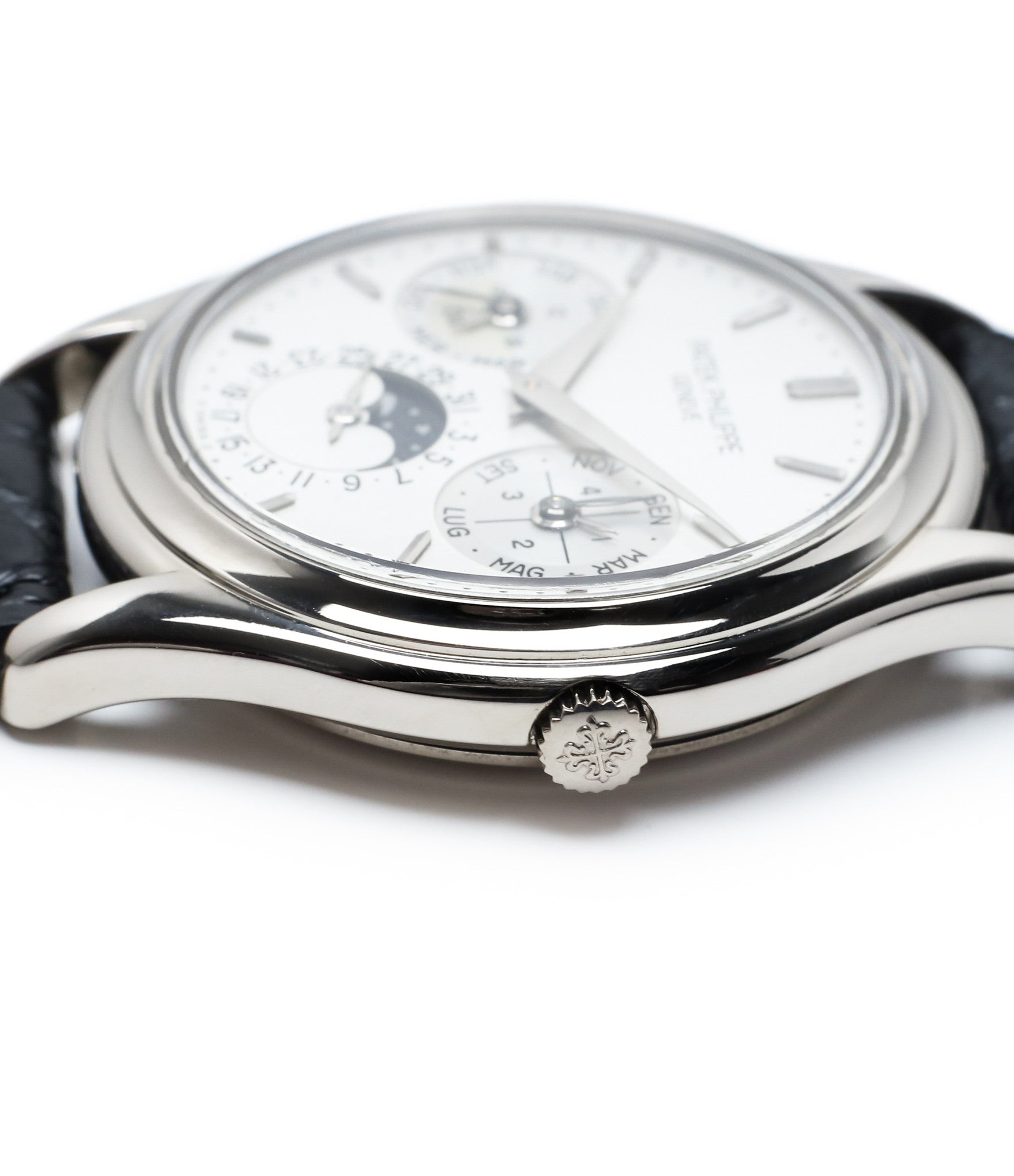 crown slim case buy rare Patek Philippe Perpetual Calendar 3940G moonphase white gold watch full set at A Collected Man
