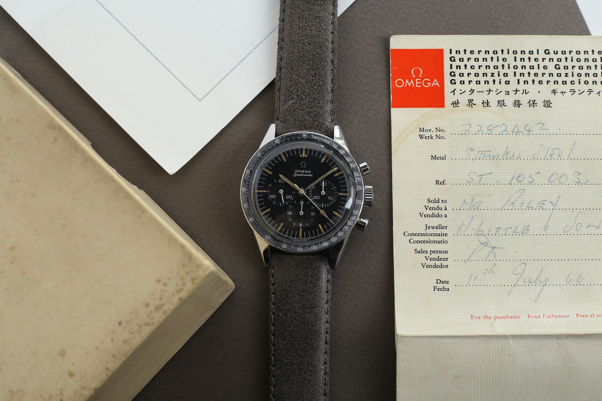 full set buy vintage Omega Speedmaster Pre-Professional Ed White ST 105.003 steel manual-winding chronograph watch black dial at WATCH XCHANGE LONDON