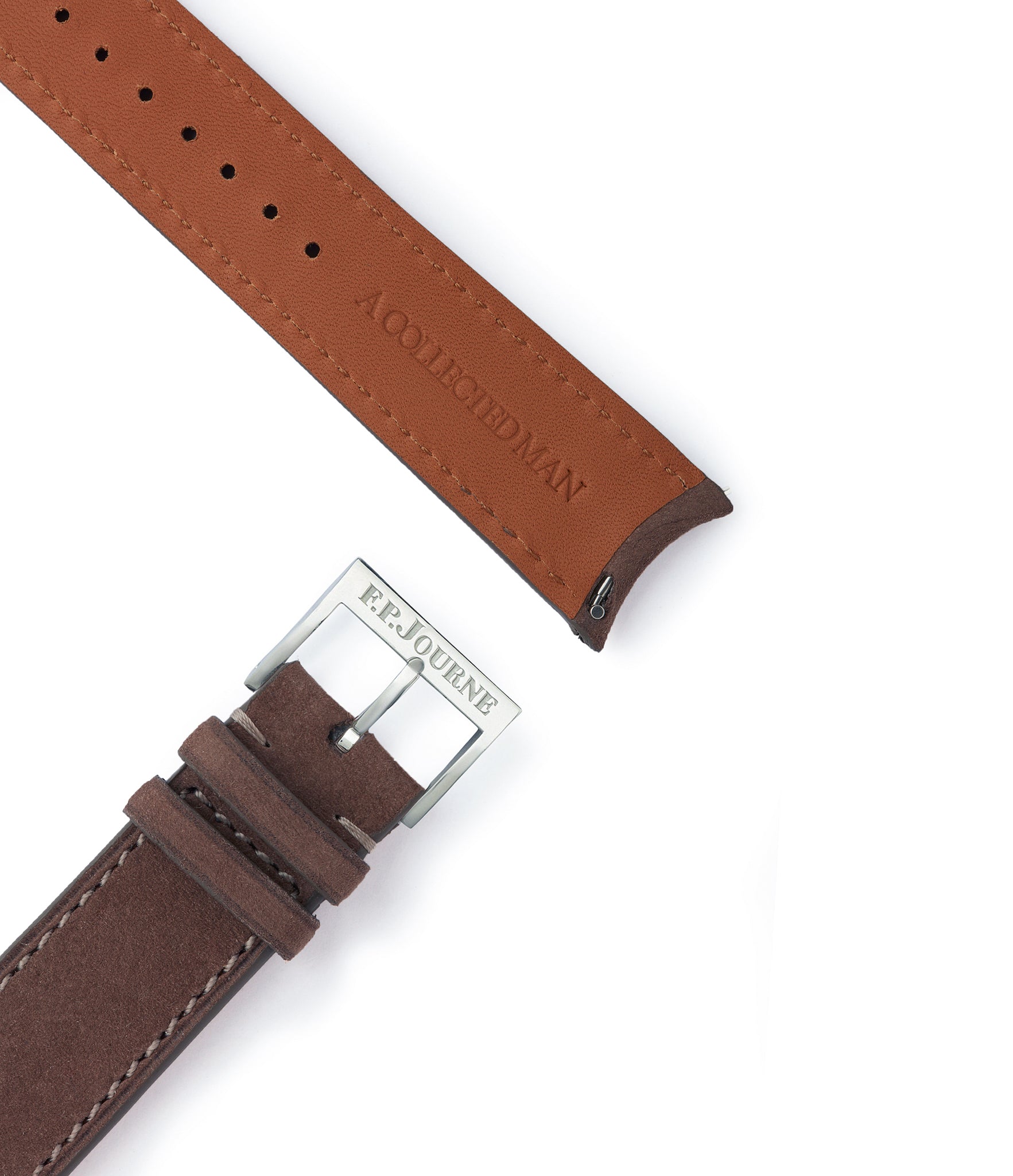 Buy 20mm x 19mm Geneva Molequin F. P. Journe curved watch strap smoke brown taupe buffalo nubuck leather quick-release springbars buckle for sale online at A Collected Man London